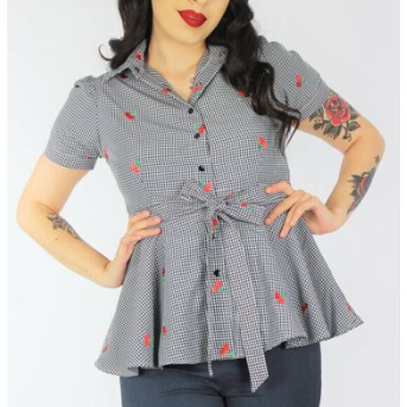 Hemet Gingham and Cherries Peplum Top size S pin up doll barbie Grease pink lady - Picture 5 of 16